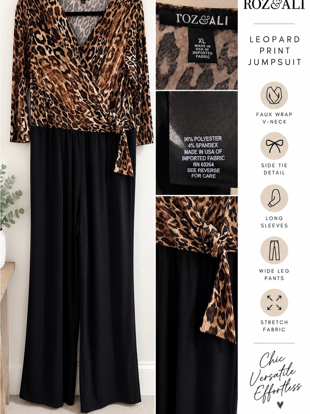 Roz & Ali Leopard Print Faux Wrap Wide Leg Jumpsuit XL Side Tie